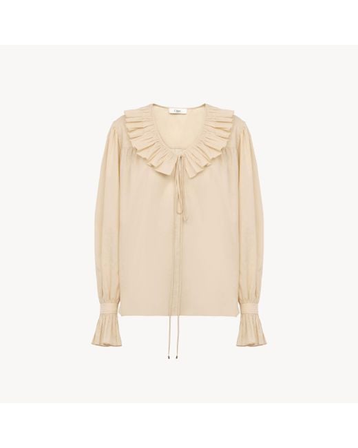Chloé コットンボイル製ギャザー フリルトップス 婦人向け ブラウン サイズ コットン 100% Pinctada Maxima, Farmed, Coo Australia Natural
