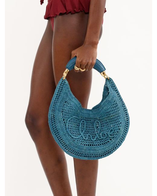 Chloé Blue Summer Banana Hobo Bag In Raffia