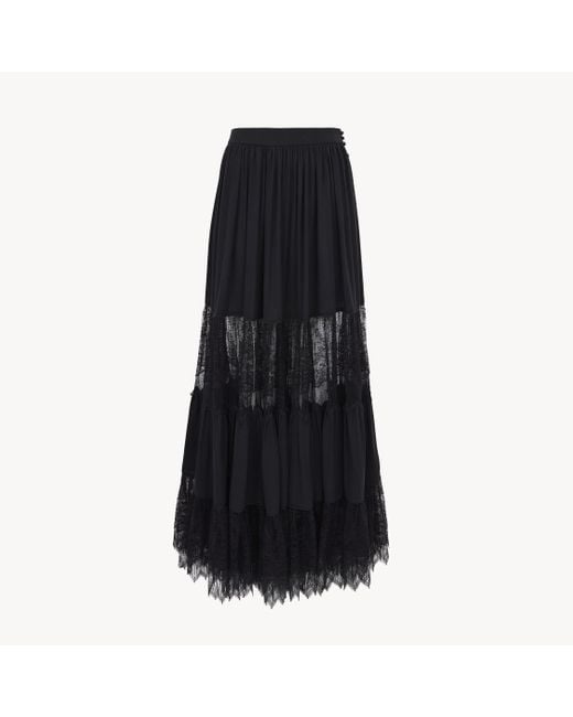 Chloé Black Tiered Long Skirt In Silk Georgette & Lace