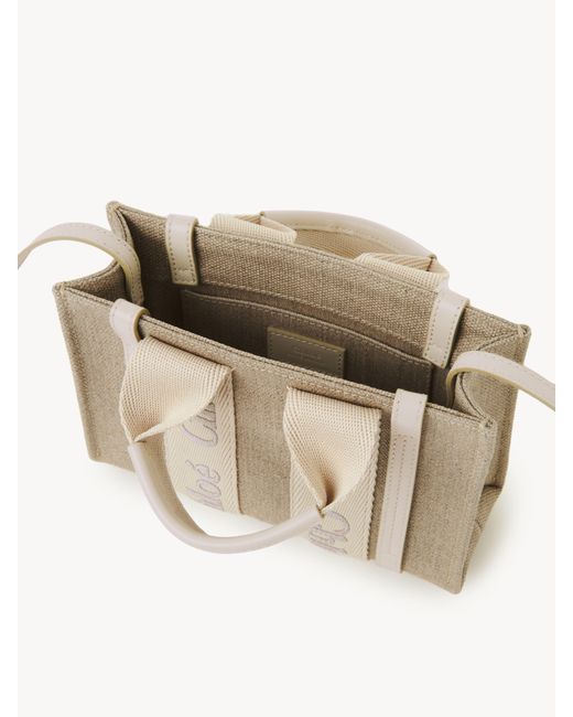 Chloé Natural Mini Woody Tote Bag In Linen & Leather