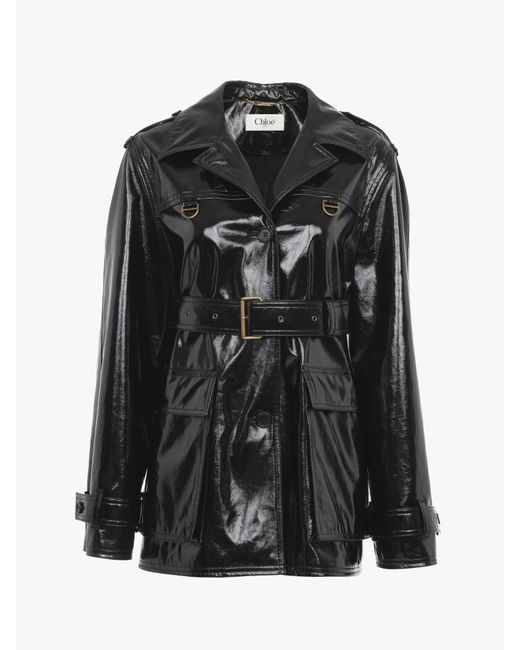 Chaqueta Con Cinturón De Algodón Con Revestimiento Brillante Negro 100% Algodón, Horn Bubalus Bubalis, Farmed, Coo India Chloé de color Black