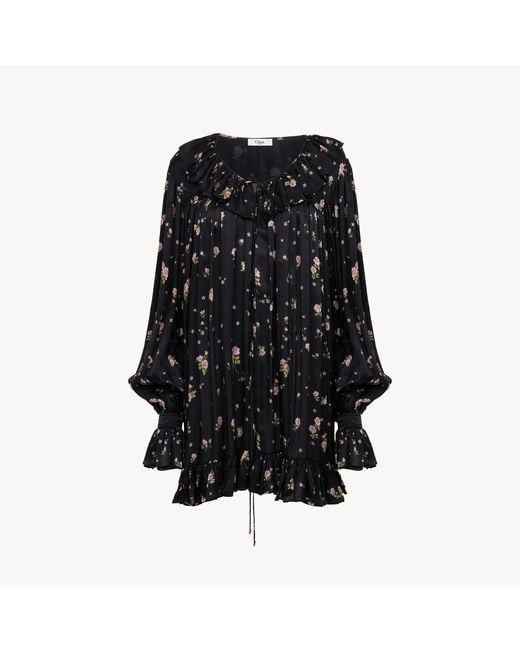 Chloé Black Gathered Long-sleeve Mini Dress In Silk Charmeuse