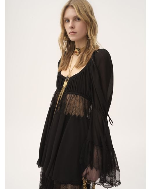 Top manches bouffantes à encolure carrée en georgette de soie et dentelle Chloé en coloris Black