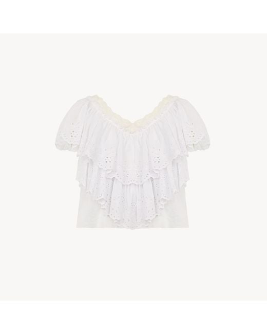 Chloé White Cropped V-Neck Ruffle Top
