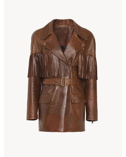 Chloé Brown Belted Fringed Jacket In Leather