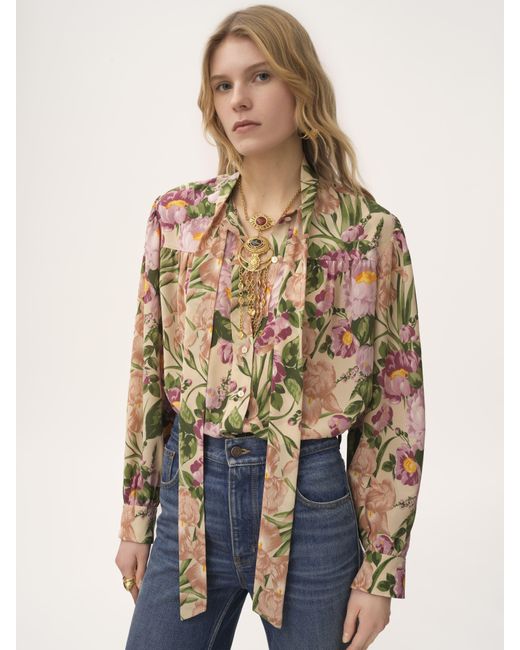 Chloé Green Geraffte Maxi-Bluse mit Schluppenkragen aus Crêpe de Chine