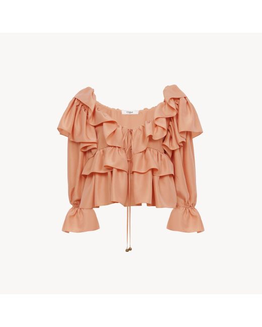 Chloé Pink Verkürztes Oberteil aus gewaschener Seidenpopeline mit Rüschen