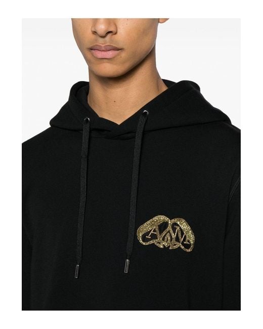 McQueen Black Seal Logo Cotton Hooded Top for men