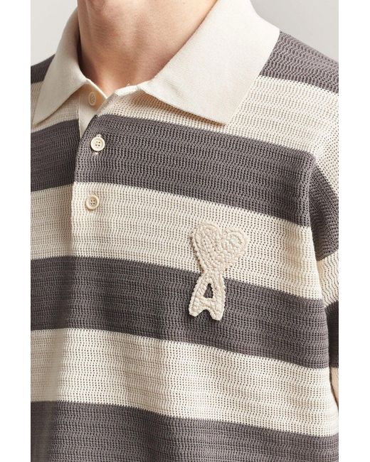 AMI Gray Ajoure Stripped Knitted Polo for men