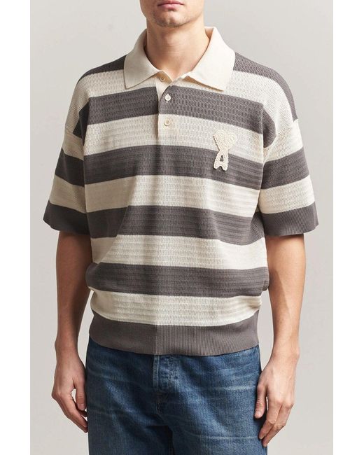 AMI Gray Ajoure Stripped Knitted Polo for men