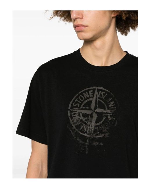 Stone Island Black Compass Print Cotton T Shirt for men