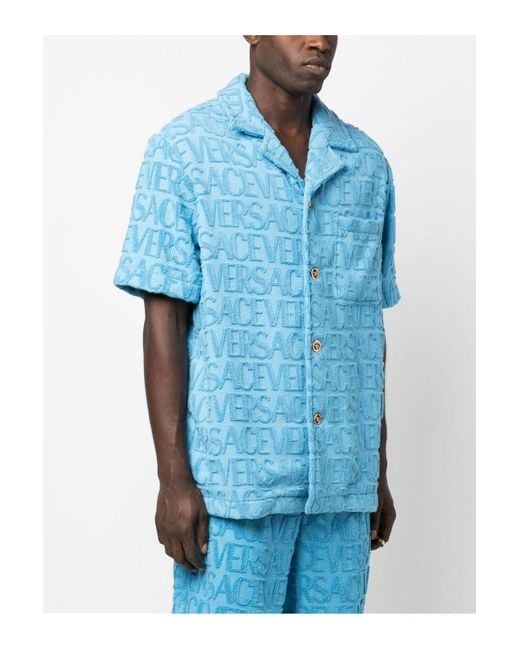 Versace Blue Allover Logo-embossed Cotton Towel Shirt for men