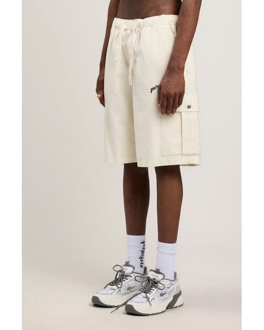 Palm Angels White Curved Logo Loose Cargo Shorts for men