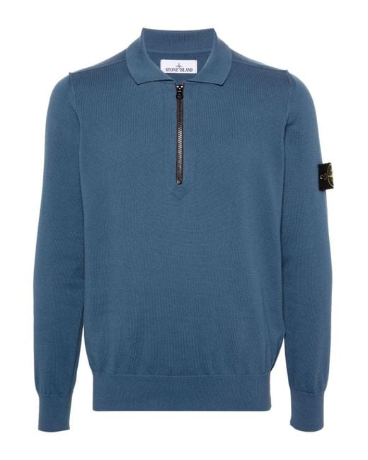 Stone Island Blue Knitted Zip Polo Shirt for men