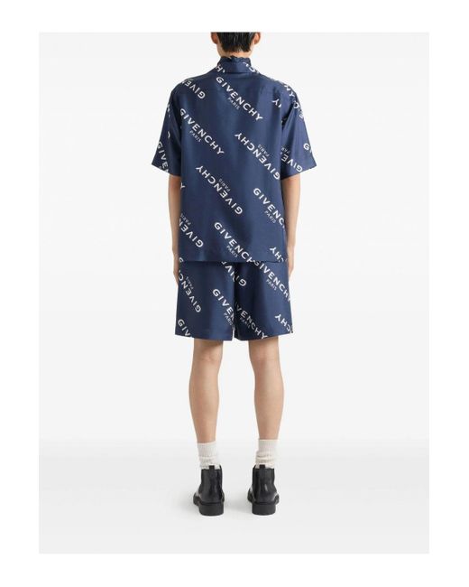 Givenchy Blue Silk Script Logo Shorts for men