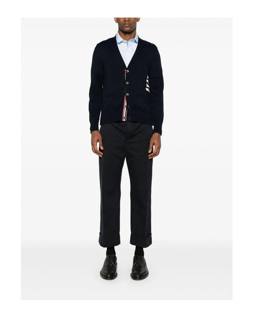 Thom Browne Blue Intarsia 4 Bar Cotton Cardigan for men