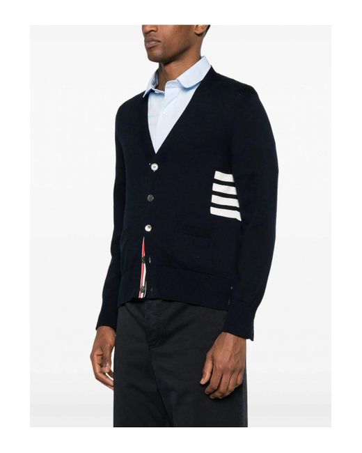 Thom Browne Blue Intarsia 4 Bar Cotton Cardigan for men