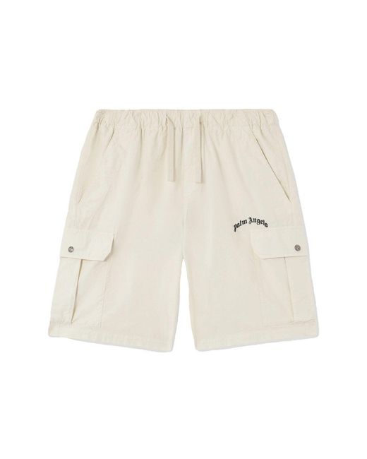 Palm Angels White Curved Logo Loose Cargo Shorts for men