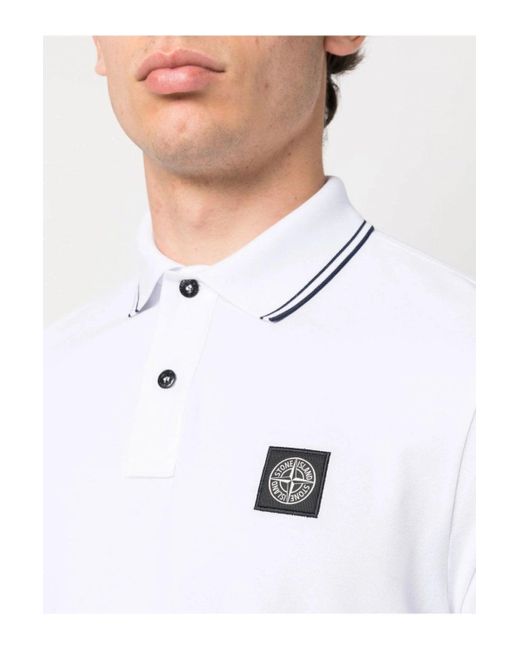 Stone Island White Compass Patch Ls Piquet Polo for men