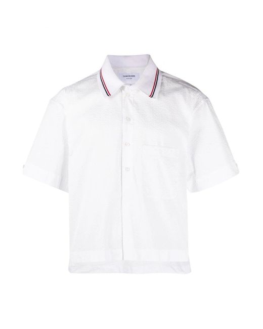 Thom Browne White Knit Collar Rugby Seersucker Shirt for men