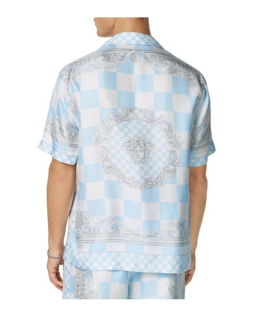 Versace Blue Medusa Check Silk Twill Shirt for men