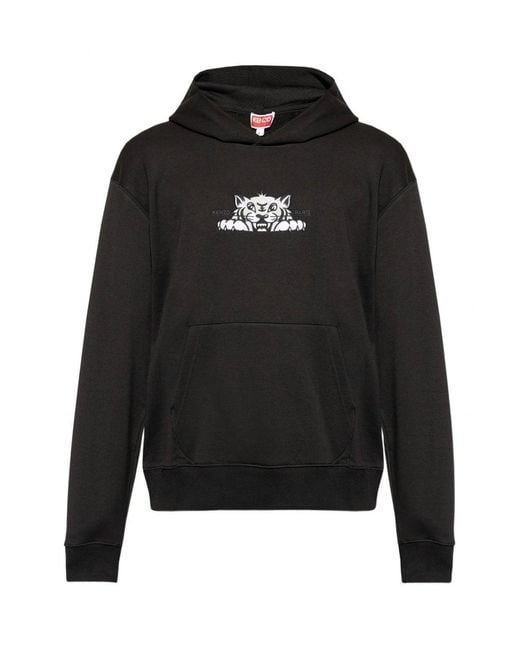 KENZO Black Happy Tiger Embroidered Classic Hoodie for men