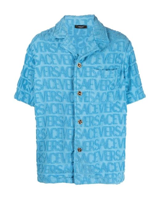 Versace Blue Allover Logo-embossed Cotton Towel Shirt for men