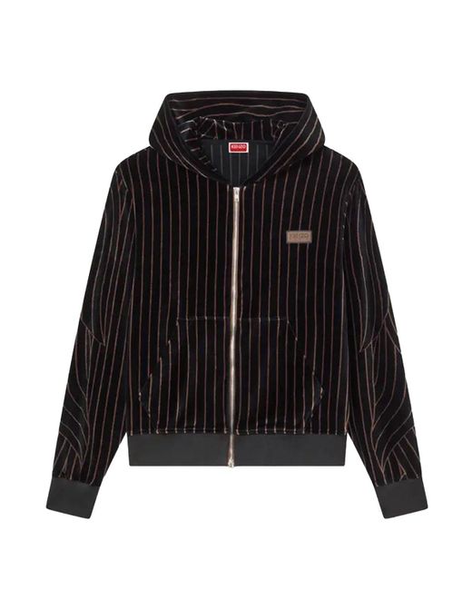 KENZO Black Leaf Stripe Velvet Full Zip Hoodie for men