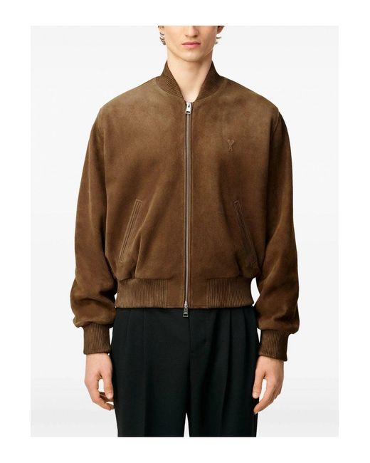AMI Brown Leather Zipped Jacket for men