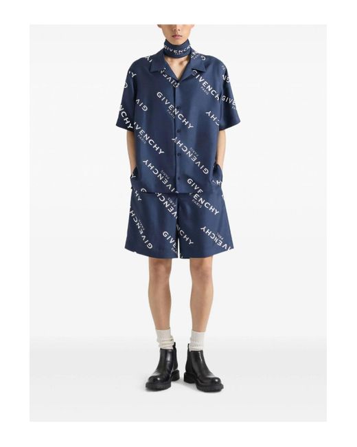 Givenchy Blue Silk Script Logo Shorts for men