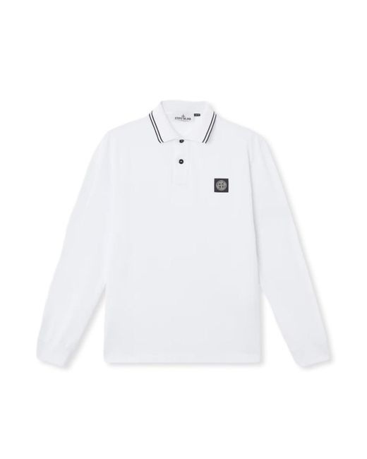 Stone Island White Compass Patch Ls Piquet Polo for men