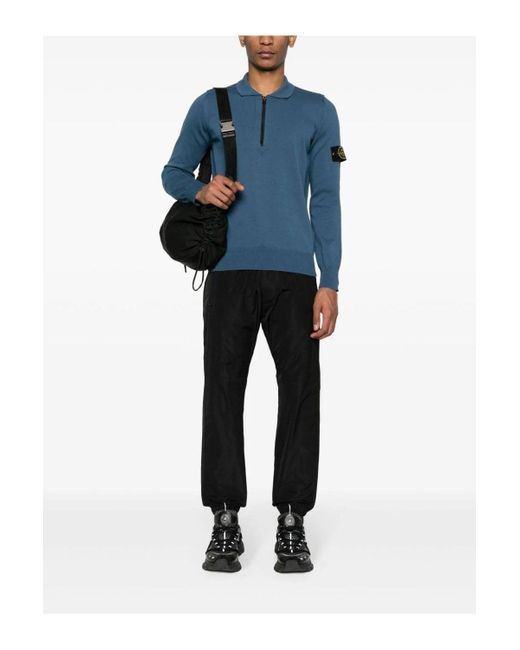 Stone Island Blue Knitted Zip Polo Shirt for men