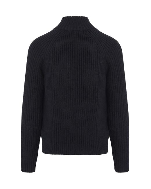 Tom Ford Blue Wool Cashmere Raglan Zip Through Sweater for men