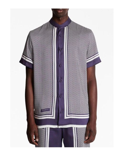 Balmain Purple Monogram-print Short-sleeve Shirt for men