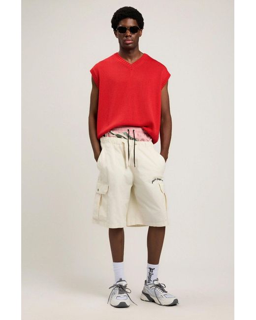 Palm Angels White Curved Logo Loose Cargo Shorts for men