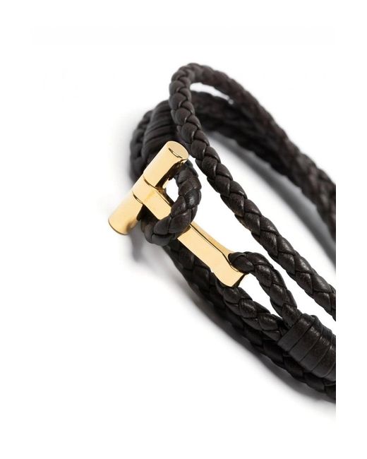 Tom Ford Black Leather T Wrap Bracelet for men
