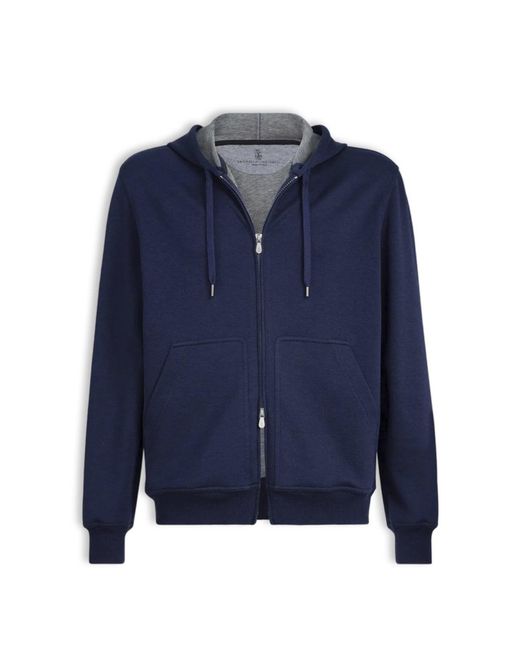 Brunello Cucinelli Blue Cotton Zip Hooded Top for men