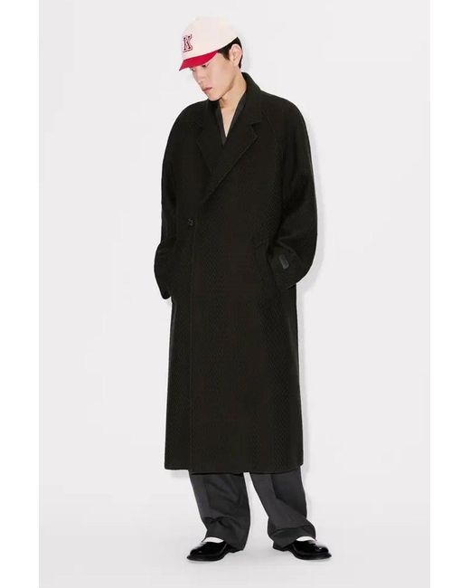 KENZO Black Virgin Wool Wrap Coat for men
