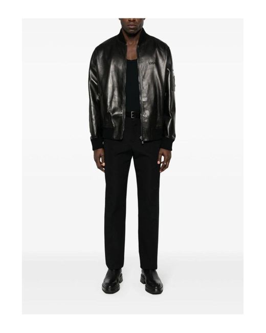 Versace Black Embroidery Logo Leather Jacket for men
