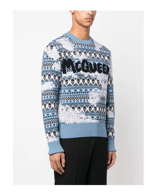 Alexander McQueen Blue Distressed Wool Sweater for men
