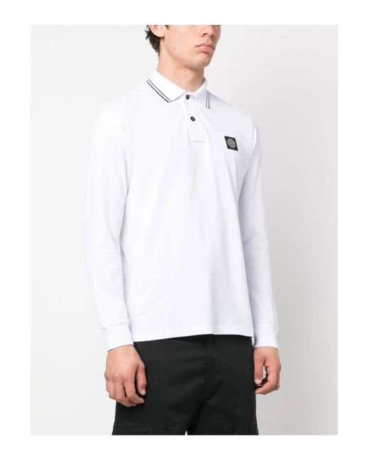 Stone Island White Compass Patch Ls Piquet Polo for men