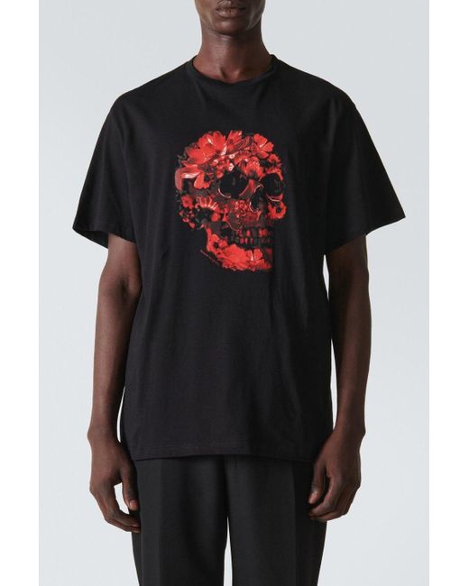 Alexander McQueen Black Wax Flower Skull Printed T Shirt for men