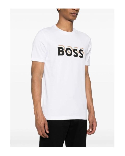 Boss White Cotton-jersey T-shirt With Logo In Signature Colours for men