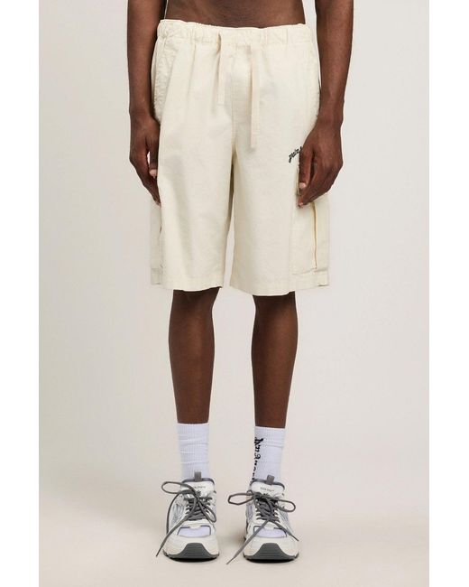 Palm Angels White Curved Logo Loose Cargo Shorts for men