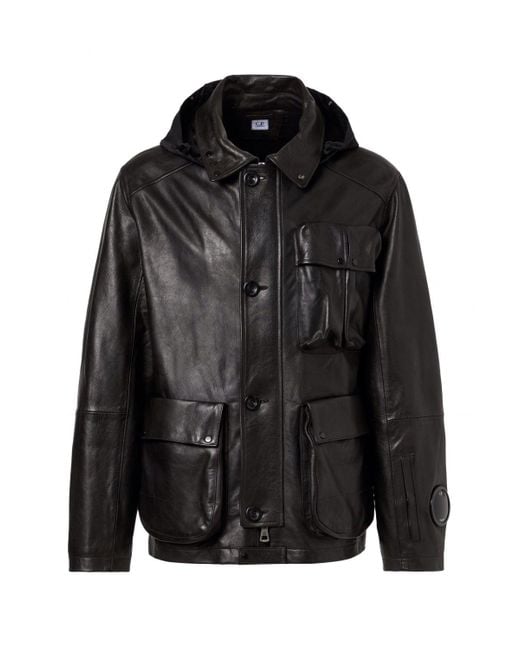 C P Company Black Leather Google Jacket for men