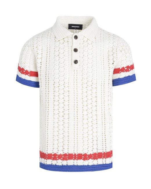DSquared² White Knitted Contrast Trim Polo for men