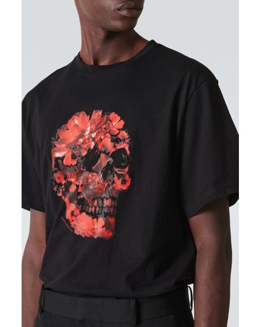 Alexander McQueen Black Wax Flower Skull Printed T Shirt for men