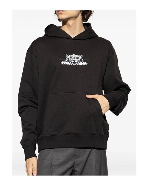 KENZO Black Happy Tiger Embroidered Classic Hoodie for men