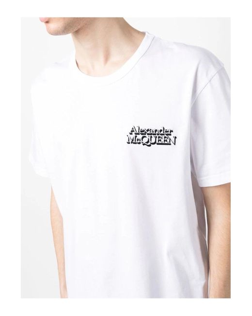 Alexander McQueen White Logo Embroidered T Shirt for men