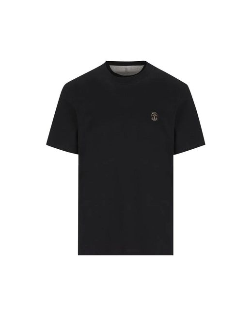 Brunello Cucinelli Black Branded Cotton T Shirt for men